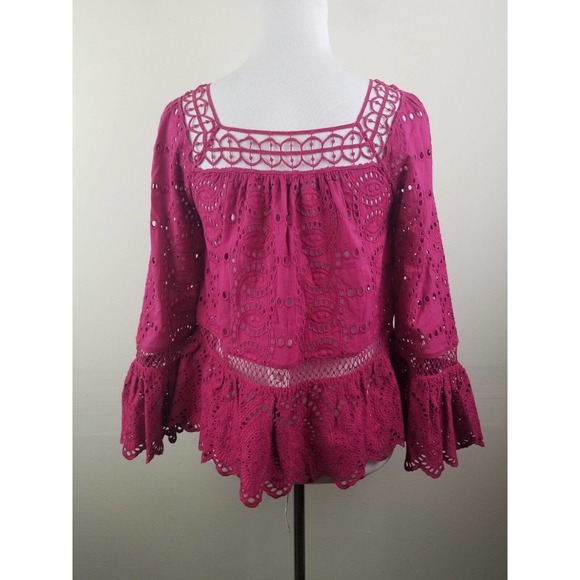 NEW $310 TRYB Women Top Peasant Lace Embroidered Lace Tassel Bell Sleeve - Picture 2 of 8